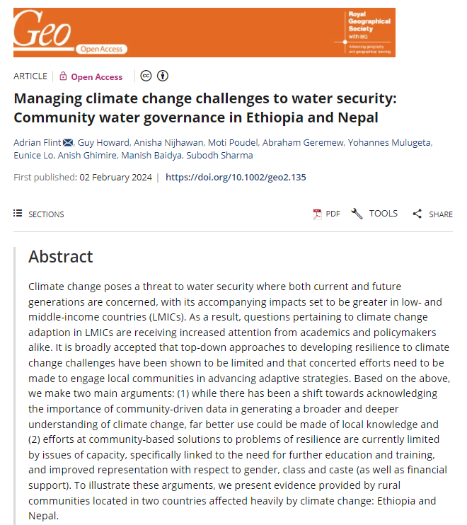 🚰New paper in Geo🚰 'Managing climate change challenges to water security: Community water governance in Ethiopia & Nepal' by Adrian Flint et al. This paper explores the complexities of how climate change is being understood & mitigated 'on the ground' doi.org/10.1002/geo2.1…