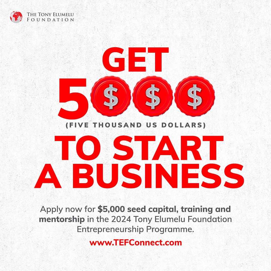 💼💵 The Tony Elumelu Foundation wants to fund your entrepreneurial dreams in 2024!

Apply now to #TEF2024 and stand a chance to access $5,000 non-refundable seed capital, business management training, mentorship, and more!

Apply now on TEFConnect.com.

#EmpoweredByTEF