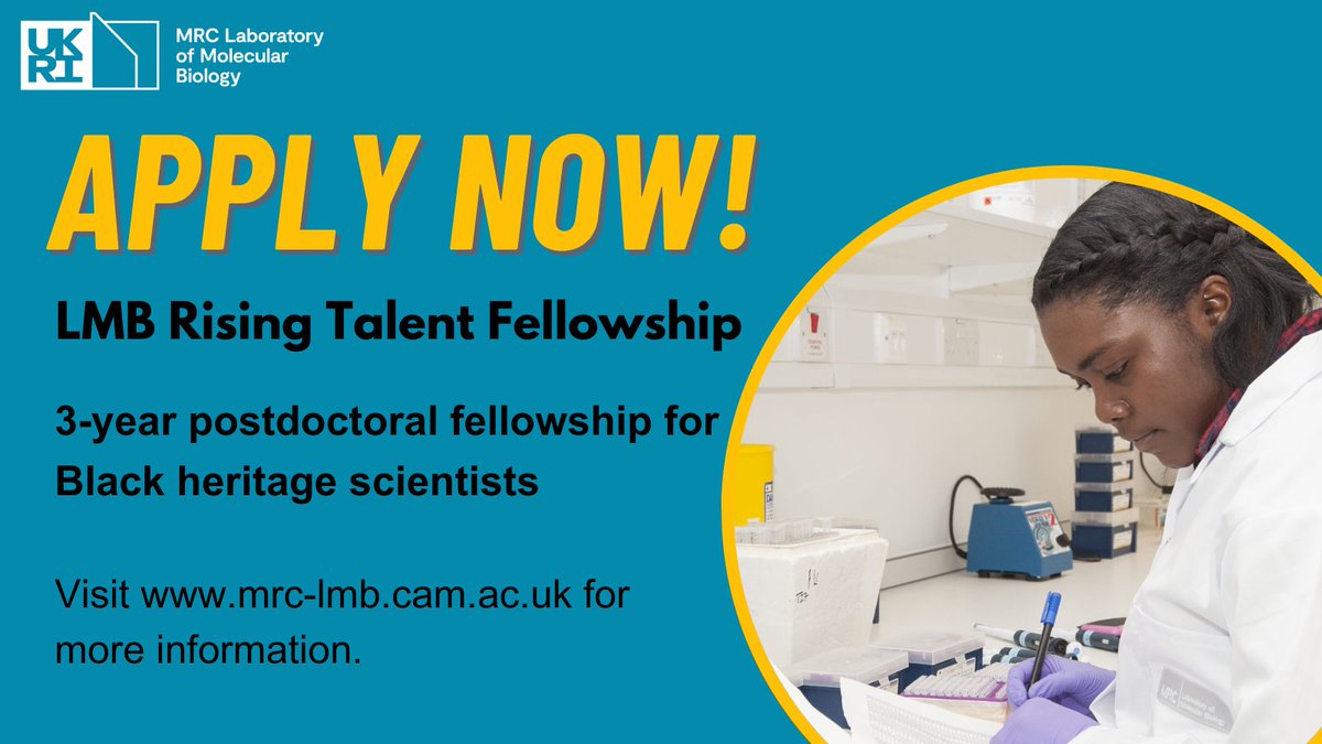 We're launching a new Rising Talent Fellowship for Black heritage scientists. This 3-year fully-funded fellowship, based in Cambridge, is suitable for early career researchers with a passion for molecular biology. For full details check here: www2.mrc-lmb.cam.ac.uk/recruitment/ri…