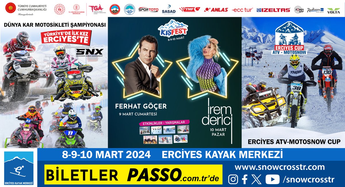 #Kayseri #Erciyes 'te aynı anda 3 büyük organizasyon.

#SNX Dünya Kar Motosikleti Şampiyonası 🏆
Erciyes Atv &amp; Motosnow Cup 🏍
Erciyes Kış Festivali 🎶
Biletler Satışta 👉 bit.ly/snx-bilet

📅 8-9-10 Mart 
📍 Erciyes Kayak Merkezi

#erciyeskayakmerkezi #snowcross #SNX