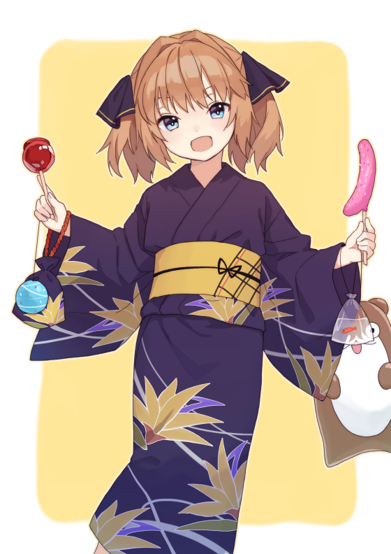 1girl japanese clothes food solo kimono brown hair hair ribbon  illustration images
