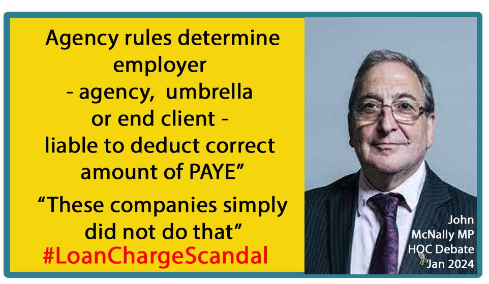 LCAG_2019's tweet photo. "Agency rules determine employer, agency/umbrella/end client, liable deduct correct PAYE &amp; pay HMRC at time. Companies did not do that. HMRC well aware.. did not pursue any as employer... also aware legally out of time to do so."
@JohnMcNallySNP #LoanChargeDebate 18th Jan 2024 https://t.co/oML4WuMU7z