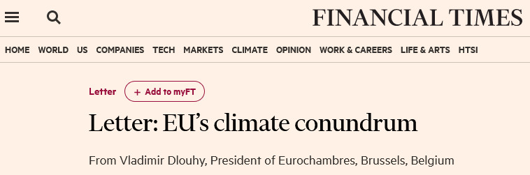 With the @EU_Commission due to present its 2040 climate roadmap tomorrow, our President @VladimirDlouhy has called in the @FT for an EU approach based on facilitating innovation & stimulating investment, not further new regulatory requirements #EUGreenDeal on.ft.com/483jdqr