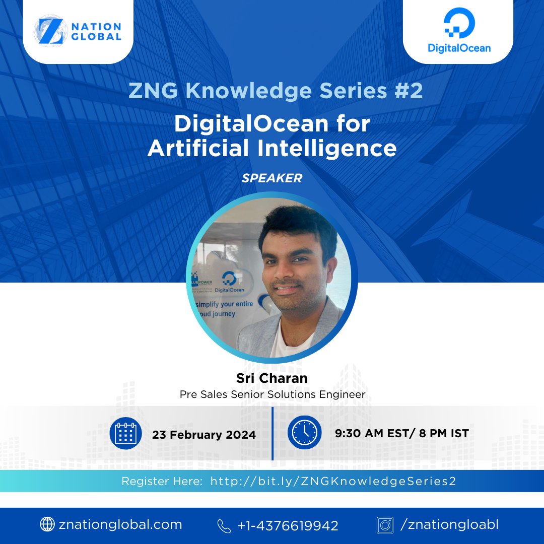ZNationGlobal's tweet photo. Calling all founders &amp; business owners! Dive into the world of Artificial Intelligence with Z Nation Global &amp; @digitalocean! 🚀 Join us on February 23, 2024, for exclusive insights into leveraging #DigitalOcean for AI.

Register Now: https://t.co/b39QHMqjds

#ZNationGlobal https://t.co/10KDr3BG3T