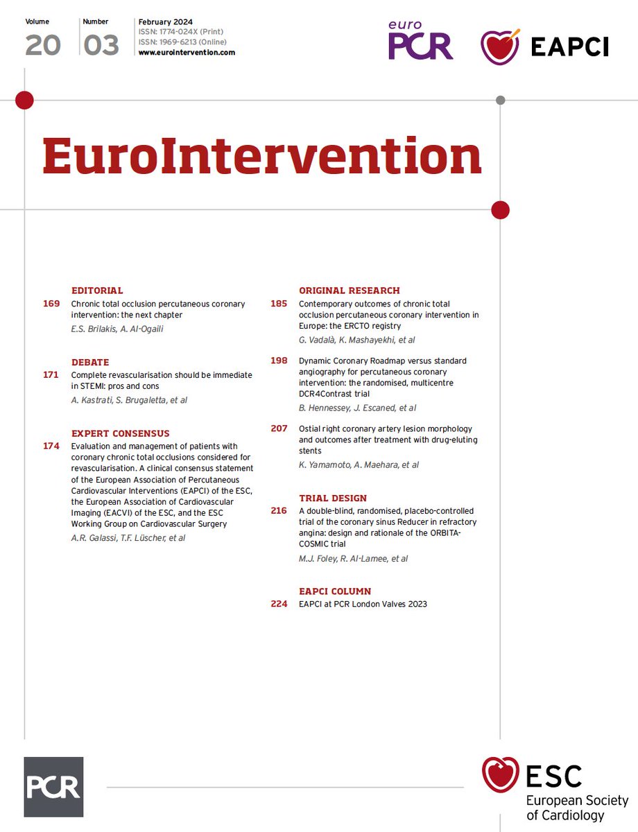 NEW ISSUE OUT 🔉
📌An expert review on the evaluation and management of CTO PCI patients;
📌A study from the European CTO registry on the elements that contribute to a successful CTO PCI;
📌The Dynamic Coronary Roadmap PCI navigation support tool allowing roadmapping for contrast