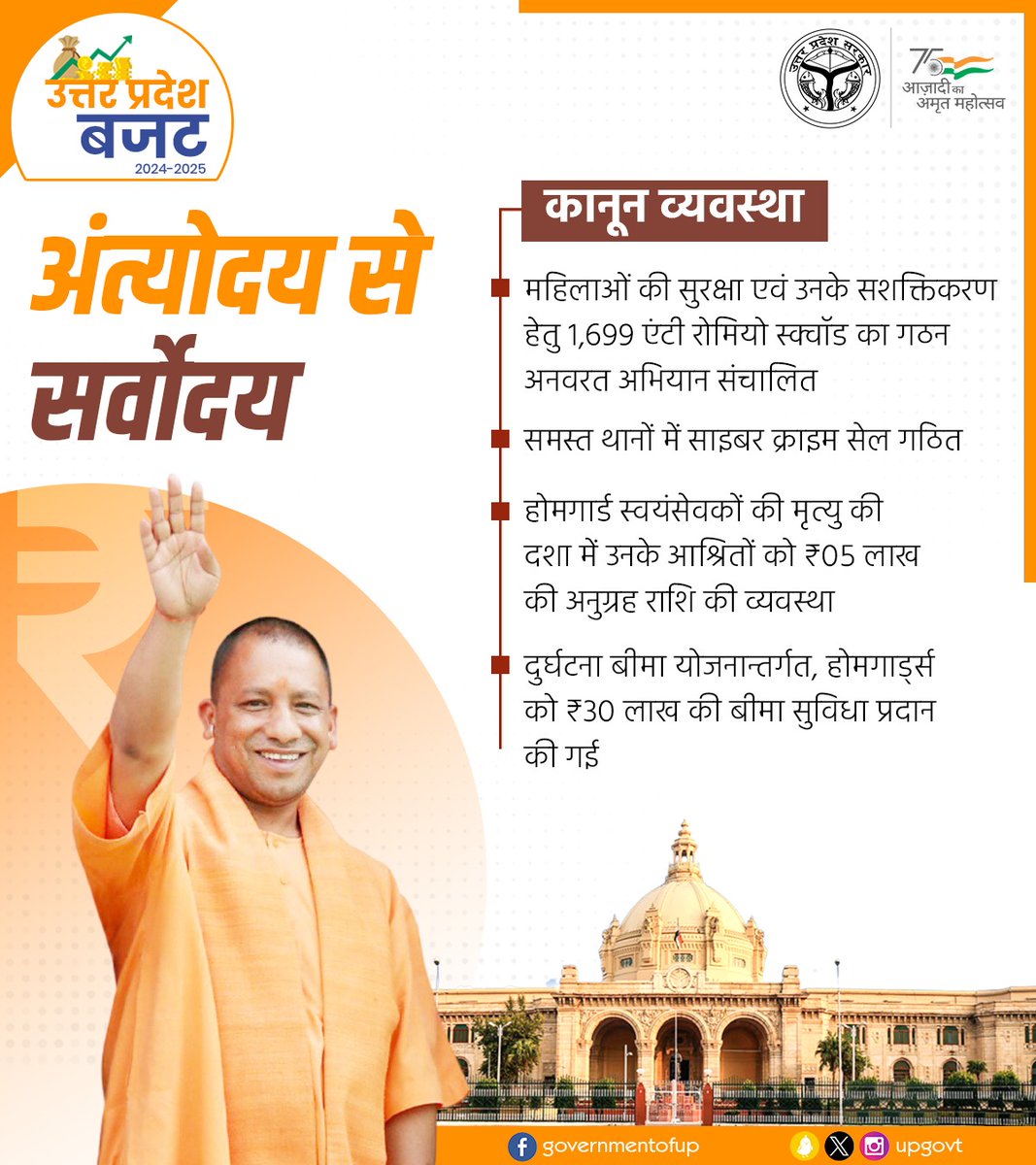 #UPCM श्री @myogiadityanath जी ने लगातार महिला सुरक्षा को प्राथमिकता में रखा है। इसी क्रम में महिलाओं की सुरक्षा एवं सशक्तिकरण को ध्यान में रखते हुए प्रदेश के समस्त थानों में साइबर क्राइम सेल का गठन किया गया है। साथ ही एंटी रोमियो स्क्वायड का गठन किया गया है। #UPYogiBudget2024