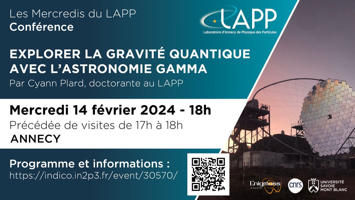 Venez au @LAPPCNRS à #Annecy ce soir pour une conférence sur l'#astronomie gamma et des visites ! Visites à partir de 17h et conférence à 18h. Infos 👉 indico.in2p3.fr/event/30570/ #MercredisDuLAPP #AnnéePhysique @CNRS_IN2P3 @CnrsAlpes @Univ_Savoie