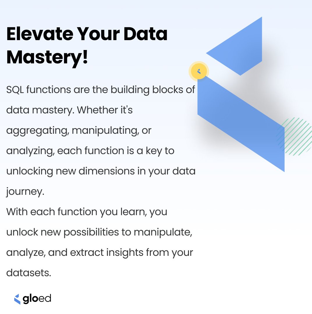gloed_co's tweet image. Embrace the journey of mastering SQL functions, and watch as your data-driven skills soar to new heights!
#SQLFunctions #DataManipulation #DatabaseMagic #gloed #DataSkills # Dataanalysis #TechEd