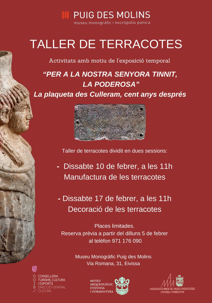 🔜Avui ja us podeu inscriure al 𝐓𝐀𝐋𝐋𝐄𝐑 𝐃𝐄 𝐓𝐄𝐑𝐑𝐀𝐂𝐎𝐓𝐄𝐒 que es durà a terme al laboratori de restauració del Museu Monogràfic Puig des Molins els dissabtes 10 i 17 de febrer a les 11h. Activitat gratuïta. Places limitades amb reserva prèvia al ☎️ 971176090