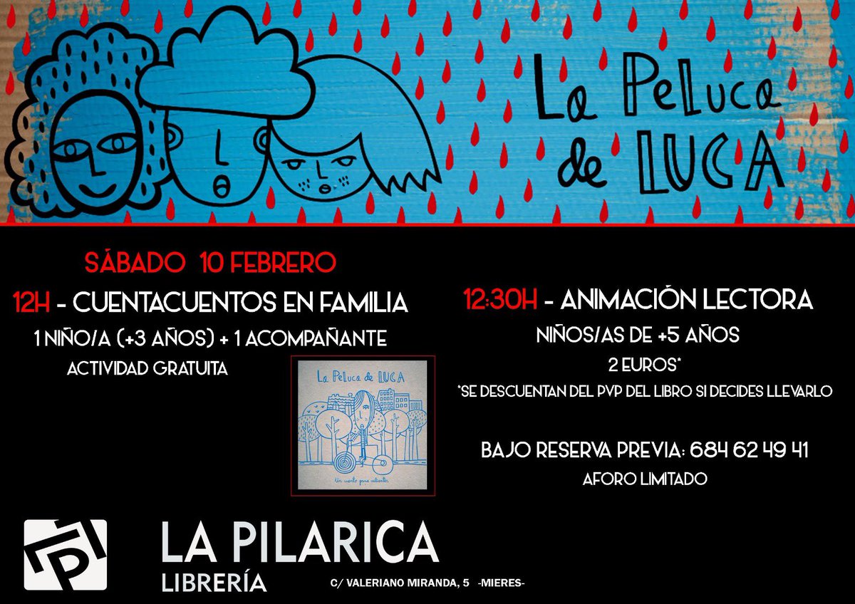 libpilarica's tweet photo. Continúan los Sábados de cuento con un libro muy especial, “La peluca de Luca” (Lalala Editorial). Como todas las semanas habrá varias sesiones:
- 12:00h.: Cuento en familia.

- 12:30h.: Taller de animación lectora. 

Inscripción y reservas a través del 684624941. ¡Apúntate! https://t.co/Uu26ZQhhhl