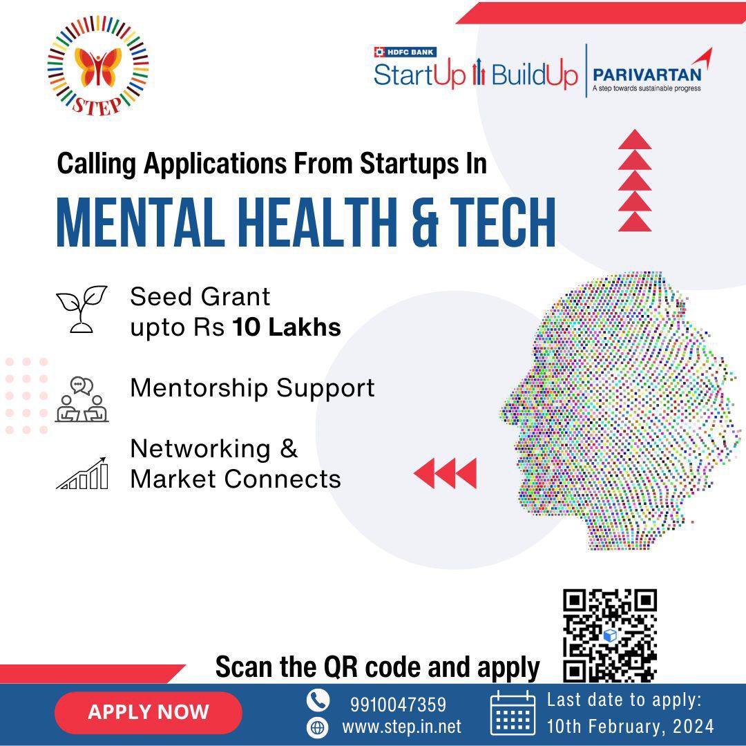 **Attention Entrepreneurs!!*

*Interested in raising funds to support your startup in Mental health and Mental Health-Tech?*
APPLY NOW: parivartan.accubate.app/ext/form/1722/…

An opportunity to get *Grant upto ₹10L.*
Use the project code: *G0237*

Incubator name: *STEP*
