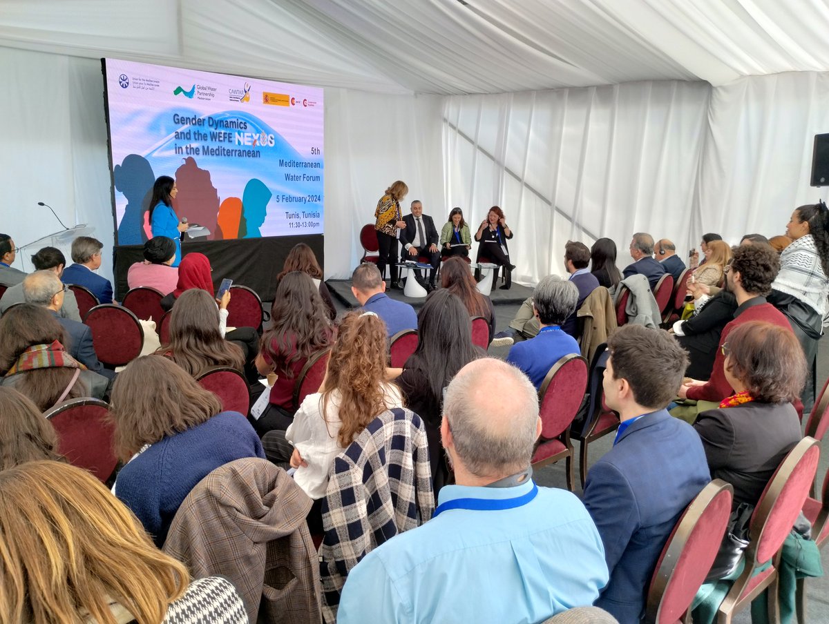 GWPMed's tweet photo. Full house at our side event on Gender Dynamics &amp;  WEFE #Nexus security in the Med. Clearly, gender issues 
don't only concern women!
Co-organized by @UfMSecretariat,@AECID_es, @GWPMed, @CAWTAR_ONG. 
A lively discussion, whose conclusions aim to reach @WorldWaterForum in Bali. https://t.co/QXMHjdIPMw