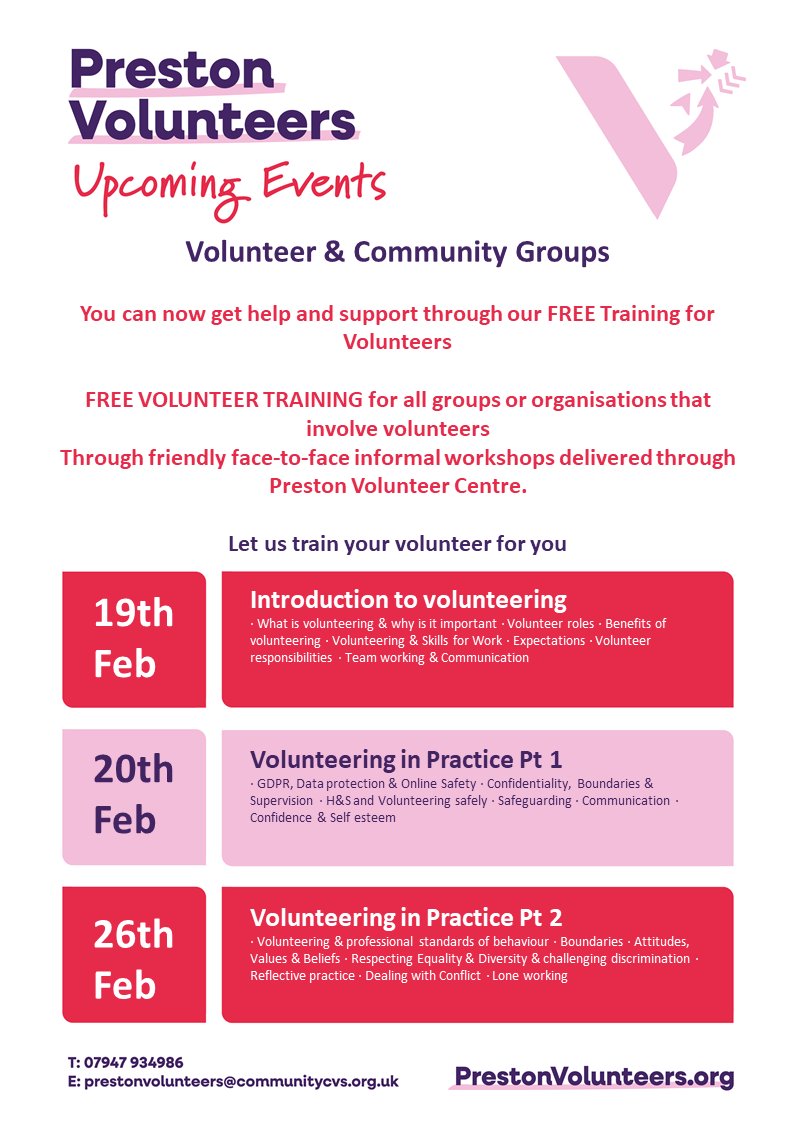 In #Preston? Let us train your #volunteers for you! We have an excellent package of volunteer #training coming up this month as part of our #PrestonVolunteers programme. Get in touch with Denise to find out more - denise.hayhurst@communitycvs.org.uk.