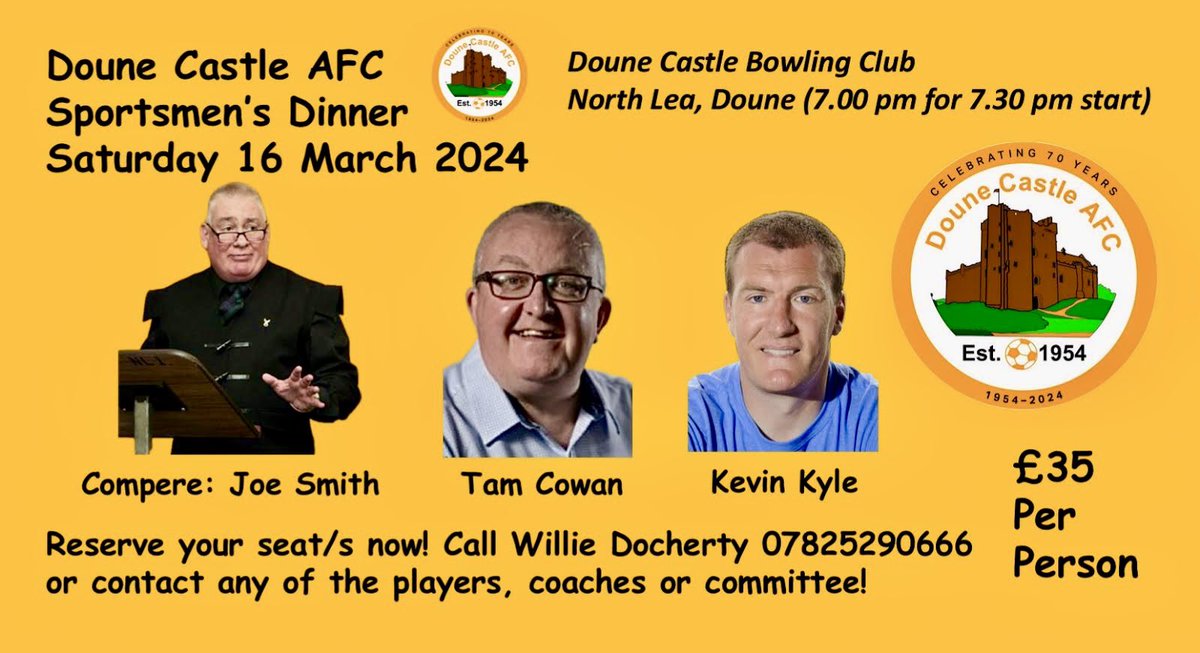 Why not join us for our 70th Anniversary Sportsmen’s Dinner?Saturday 16 March. £35/person. Speakers: Joe Smith, Tam Cowan, Kevin Kyle. Contact details attached. @ScotAmFA @Key_FM @DreweryEmma @Normansalmoni @sportstherapysc @RGGRoofing @scotfootfixs @CaledonianAFA @OnlySportLTD1