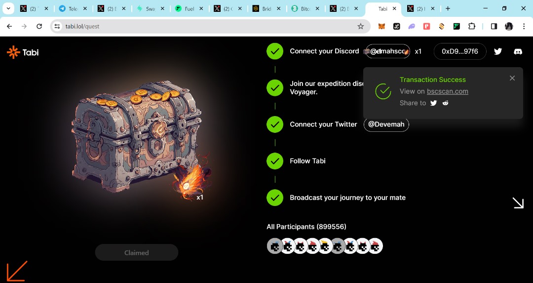 TABI NFT QUEST IS LIVE !!!

@tabinft_ is backed by @animocabrands & @BinanceLabs

 Only NFT minters will be eligible for $TABI Airdrops 

Time : 60 secs 

Are➜ you scared 😱 No don't be (It's very simple)

QUESTs are SOCIAL interactions,

And gas fees is, for calming NFTs only