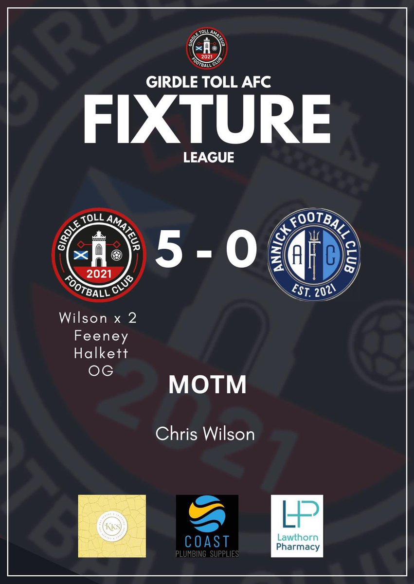 𝙍𝙀𝙎𝙐𝙇𝙏

Another excellent performance saw us come away with 3 points and a clean sheet. 

All the best to Annick AFC for the remainder of the season

SPONSORS

Harbour Lights
Lawthorn Pharmacy
Kks Sewing &amp; Crafting
Coast Plumbing Supplies