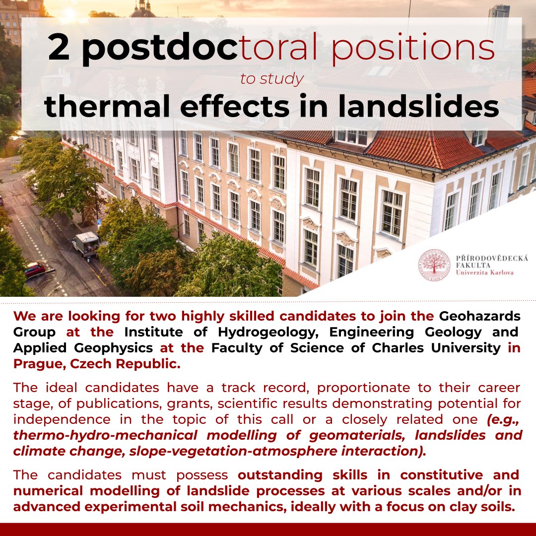 researchjobs_cz's tweet photo. Two #postdoctoral #positions to study thermal effects in #landslides available at Faculty of Science, Charles Uni #Prague @science_charles
Read more: https://t.co/YGRWwdUJJE
#geomaterials #climateChange #clay #soil #postdoc #postdocjobs
CC: @czexpats @ukforumcz https://t.co/EvgATm3o0k