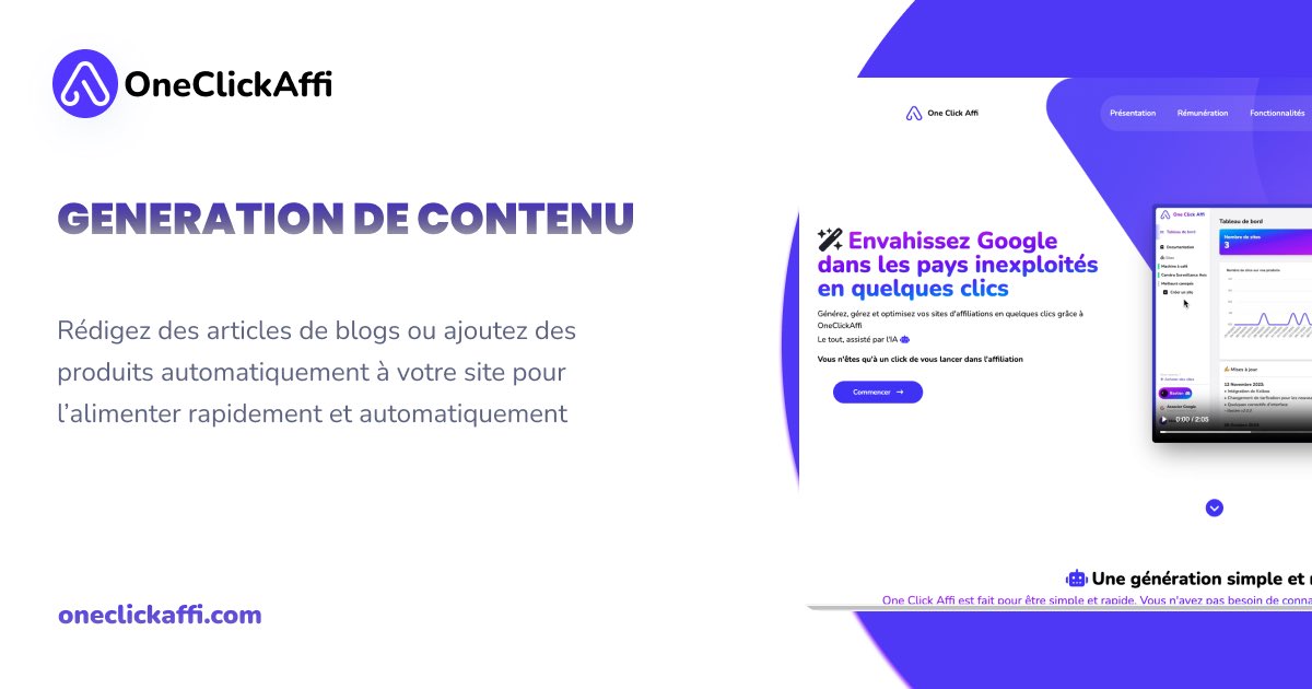 oneclickaffi's tweet photo. 📣 GÉNÉRATION DE CONTENU AUTOMATIQUE

Vous n’aurez plus aucune barrière pour générer de l’argent grâce à l’affiliation au clic

En quelques clics, vous pouvez créez votre site, l’hébergez et l’alimenter quotidiennement

Et cela dans plus de 40 pays différents 🌍 https://t.co/afOCjXTN1j