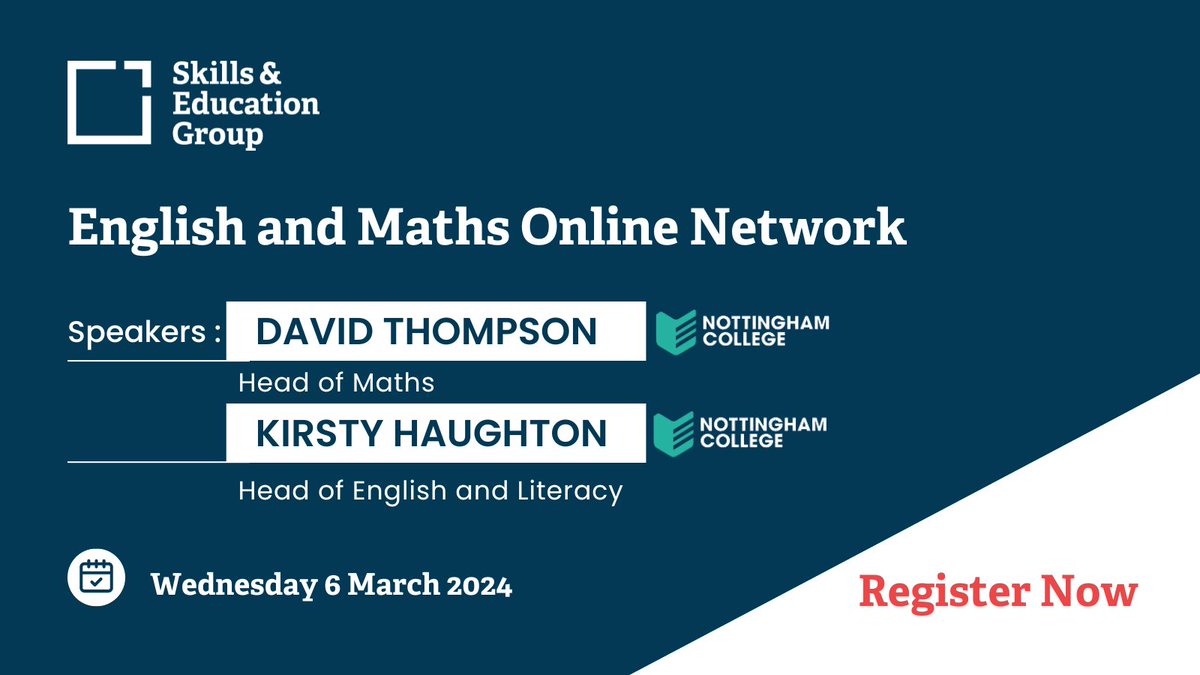 Join our Spring Term online English and Maths network.

The session will be facilitated by Dianne Robinson, featuring presentations by David Thompson and Kirsty Haughton from Nottingham College.

Find out more here👉 bit.ly/3SoMhDe 

#SEGEvent #AmplifyFE