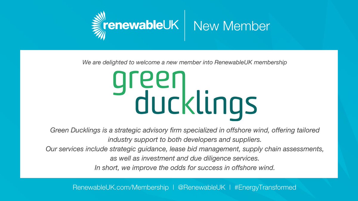RenewableUK's tweet photo. Pleased to welcome on board our newest RenewableUK member, Green Ducklings
To find out more, visit: https://t.co/hLKf7OpkBp
Interested in becoming a member of RenewableUK? Contact the team on membership@renewableuk.com
#renewableenergy #RUKMembers https://t.co/haRwjU07Gg