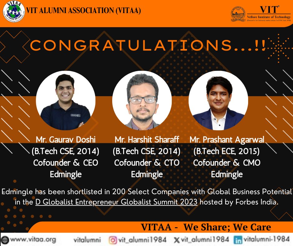#VITAA Congratulates the Founders of Edmingle:
Mr. Gaurav Doshi (B.Tech CSE, 2014), CEO
Mr. Harshit Sharaff  (B.Tech CSE, 2014), CTO
Mr. Prashant Agarwal (B.Tech ECE, 2015), CMO.

#VIT
#Alumni
#Achievement
#AnbuDEN
#OneFamily