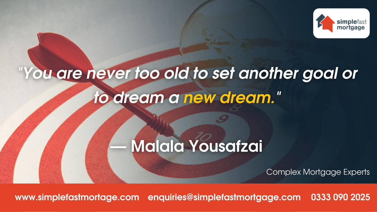simplefastmort's tweet image. "You are never too old to set another goal or
to dream a new dream."
— Malala Yousafzai

☎️ 0333 090 2025
💻 enquiries@simplefastmortgage.com
🌐 bit.ly/3rZ67ch

#malalayousafzai #inspirationalquotes #mortgagebroker