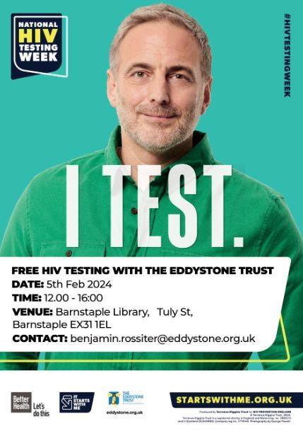 Benjamin from the Eddystone Trust will be at Barnstaple Library today from 12-4 to offer free advice and HIV testing.

#NorthDevon #HIVTestingWeek #EddystoneTrust