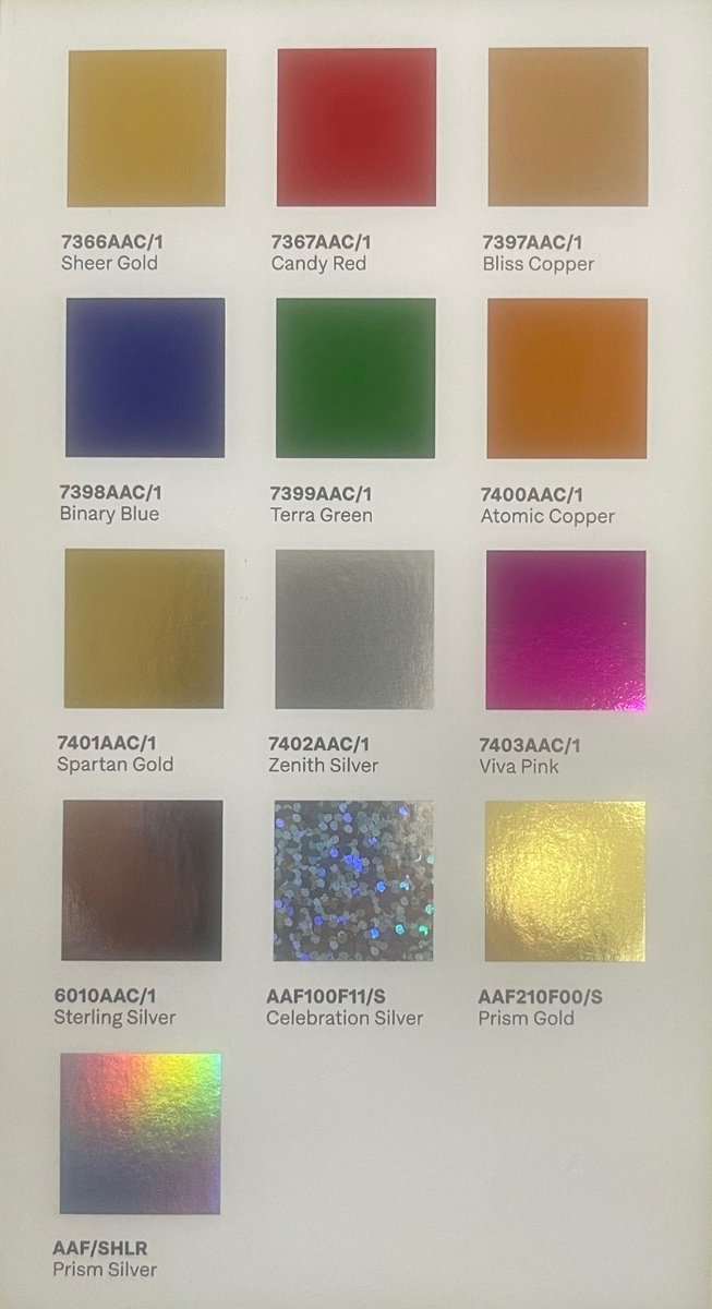 Introducing our new digital shade card.
8 bright metallic colours, 2 satins, 3 holographic effects.
Approved for bonding to toner, digital inks & silk screen varnish.
Suitable for a wide range of machines including MGI & Scodix
Email hello@foilco.com or contact us on 01942 262622