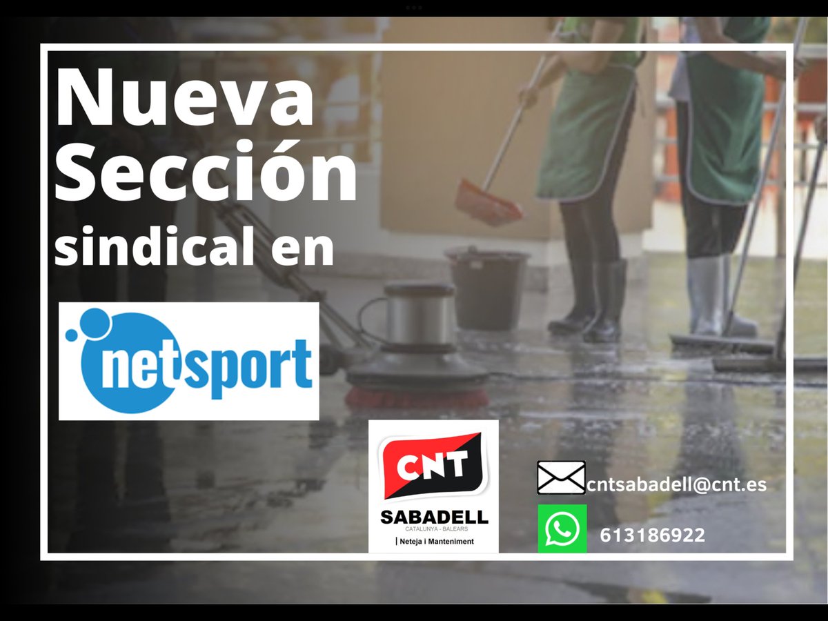 cnt_sabadell's tweet photo. ✊🏽✊🏽Seguimos creciendo en el sector de la limpieza.
En #NetSport, la empresa de limpieza del Club Natació Sabadell ya cuentan con CNT.
❌ abusos empresariales
✅Afíliate al sindicato.
#cnt #sabadell #neteja #limpieza #rubí #barberàdelvallès #cerdanyola #ripollet https://t.co/N72x87iZFT