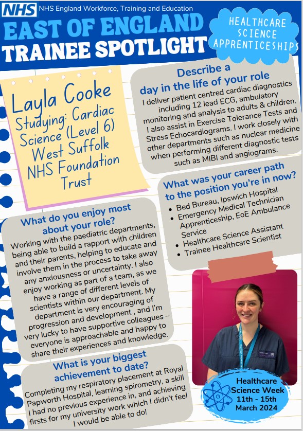 East of England Healthcare Science Network (@eoe_hcs_network) on Twitter photo It's #NAW2024 and we're going to be showcasing some of the #Apprentices in #EOE
First up, we have the amazing Layla Cooke studying Cardiac Science 🫀🙌🌟⤵️⤵️
<a href="/melaniebryce11/">⭐Melanie Bryce💙</a> <a href="/Apprenticeships/">Apprenticeships</a> <a href="/NHSHEE_EoE/">NHSE Workforce, Training and Education – EoE</a>
<a href="/EoEHSTN/">EoEHSTN</a> <a href="/WestSuffolkNHS/">West Suffolk NHS FT 🏳️🌈</a> <a href="/WeHCScientists/">NHS Healthcare Science</a> It's #NAW2024 and we're going to be showcasing some of the #Apprentices in #EOE
First up, we have the amazing Layla Cooke studying Cardiac Science 🫀🙌🌟⤵️⤵️
<a href="/melaniebryce11/">⭐Melanie Bryce💙</a> <a href="/Apprenticeships/">Apprenticeships</a> <a href="/NHSHEE_EoE/">NHSE Workforce, Training and Education – EoE</a>
<a href="/EoEHSTN/">EoEHSTN</a> <a href="/WestSuffolkNHS/">West Suffolk NHS FT 🏳️🌈</a> <a href="/WeHCScientists/">NHS Healthcare Science</a>