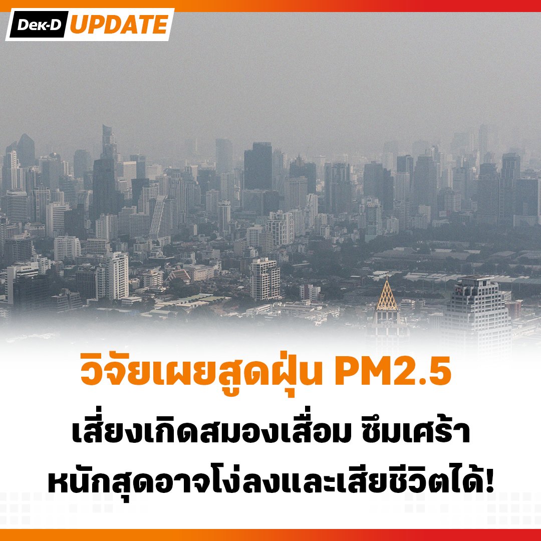 webdekd's tweet photo. #ฝุ่นPM25 ในประเทศไทยวันนี้ เกินค่ามาตรฐาน 35 จังหวัด อยู่ในระดับสีส้ม ถ้าสูดดมนานๆ ฝุ่นสะสมอยู่ในร่างกาย จะส่งผลกระทบต่อสุขภาพยังไงบ้าง? #ความรู้จากข่าว รวบรวมงานวิจัยมาให้แล้ว!
.
ผศ.นพ.สุรัตน์ ตันประเวช แพทย์ผู้เชี่ยวชาญด้านประสาทและสมอง ม.เชียงใหม่ เผยผลวิจัย PM2.5 สามารถส่งผลกระทบต่อโครงสร้างสมองของเด็กและผู้ใหญ่ได้ ซึ่งจะทำให้ #สมองของเด็กถูกลดพัฒนาการลง ส่งผลต่อความฉลาด ด้านความจำและความคิดเร็วมีการเปลี่ยนแปลง ส่วนในวัยผู้ใหญ่มีความเสี่ยงที่จะทำให้เกิด #ภาวะสมองเสื่อม และ #stroke โดยเฉพาะคนสูงวัย
.
งานวิจัยเรื่องมลพิษทางอากาศ โดยสำนักบริหารมหานครลอนดอน (Greater London Authority) พบว่า การรับมลพิษทางอากาศจากฝุ่นละอองขนาดเล็กเข้าสู่ร่างกาย อาจนำไปสู่การ #แท้งลูก ในหญิงตั้งครรภ์ เป็นสาเหตุของภาวะ #สเปิร์มลดปริมาณลง และ #ยับยั้งการเจริญเติบโตของปอดในเด็ก ส่วนอันตรายต่อสุขภาพในวัยผู้ใหญ่ อาจป่วยเป็น #โรคเรื้อรัง #มะเร็ง หรือ #ภาวะสมองขาดเลือด
.
กลุ่มนักวิจัยต่างสถาบัน นำโดย นักวิจัย Xi Chen จากมหาวิทยาลัย Yale University ทำการวิจัย มลภาวะเมืองหลวงมีผลให้สมองของมนุษย์มีการเรียนรู้ถดถอยอย่างไร ที่กรุงปักกิ่ง สาธารณรัฐประชาชนจีน ซึ่งพบว่า ผู้คนที่อาศัยอยู่ใกล้ถนนที่มีการจราจรคับคั่งตลอดวัน มีแนวโน้มเป็นโรค #ความจำเสื่อมแบบ demantia และโดยเฉพาะสมองเด็กๆ ที่ได้รับผลกระทบจากมลภาวะซึ่งเห็นได้อย่างชัดเจน คือเด็กๆ ที่อยู่ในช่วงวัยกำลังเรียนรู้ หากอยู่ในพื้นที่มีระดับไนโตรเจนไดออกไซด์เข้มข้น มีโอกาสเป็น #โรคสมาธิสั้น (ADHD) #โรคซึมเศร้า และ #ภาวะวิตกกังวล
.
ฝุ่น PM2.5 สามารถเล็ดลอดจากระบบการป้องกันสิ่งแปลกปลอมเข้าสู่ร่างกาย และแทนที่มันจะสามารถกำจัดออกไปเมื่อเราหายใจออก แต่มันกลับเข้าไปติดอยู่ในปอดหรือระบบเส้นเลือด ทำให้เกิดการระคายเคือง อักเสบในระบบทางเดินหายใจ ซึ่งการสัมผัสกับฝุ่นพิษ เป็นสาเหตุของการเกิด #โรคมะเร็ง #โรคหัวใจ และ #หัวใจวาย และยังสามารถก่อให้เกิด #ภาวะภูมิแพ้ที่รุนแรง โดยมลพิษชนิดนี้ทำให้อาการ #โรคหอบหืดรุนแรงขึ้น และการศึกษาพบว่าการสัมผัสมลพิษเป็นระยะเวลานาน เพิ่มโอกาสเสี่ยงของการเสียชีวิตจากระบบหายใจล้มเหลว
.
นอกจากนี้ ยังมีงานวิจัยของนักวิทยาศาสตร์ที่สถาบันฟรานซิส คริก ในลอนดอน เมื่อปี 2022 ซึ่งค้นพบการอธิบายกลไกของมลพิษทางอากาศขนาดเล็กที่อาจเป็นสาเหตุทำให้เกิด #โรคมะเร็งปอด ในคนที่ไม่เคยสูบบุหรี่มาก่อน
.
อีกทั้ง ยังก่อให้เกิดการระคายเคืองบริเวณดวงตา แสบตา ทำให้เกิด #ตาแดง ตาอักเสบได้ ทำให้ #ผิวหนังอักเสบ ระคายเคืองง่าย ไวต่อการแพ้ เป็น #โรคผื่นภูมิแพ้ผิวหนัง และทำให้เกิดปัญหาผิวต่างๆ มากมาย เช่น ปัญหาสิว ผิวมัน  ปัญหาริ้วรอย ปัญหาจุดด่างดำ ความหมองคล้ำ
.
ซึ่งเมื่อร่างกายของเราสะสมฝุ่น PM2.5 ในปริมาณมาก ก็จะส่งผลกระทบต่อร่างกายและสุขภาพ ถึงแม้มันจะเป็นฝุ่นละอองตัวจิ๋ว แต่ภัยของมันไม่ได้เล็กจิ๋วตามไปด้วยนะ เพราะเมื่อเราสูดมันเข้าไปในระบบทางเดินหายใจ มลพิษที่มากับฝุ่นสามารถเข้าสู่กระแสเลือด และแทรกซึมสู่กระบวนการทำงานในอวัยวะต่างๆ ของร่างกาย เพิ่มความเสี่ยงเป็นโรคเรื้อรัง อีกทั้ง ยังส่งผลกระทบต่อระบบเผาผลาญในร่างกายและยิ่งเราสะสมในปริมาณมากเท่าไรก็จะยิ่งเพิ่มความเสี่ยงจนอาจทำให้เสียชีวิตได้!
.
แต่ก็เป็นสถานการณ์ที่หลีกเลี่ยงได้ยากในปัจจุบัน เพราะทุกคนต่างต้องออกไปทำงาน ไปใช้ชีวิต แต่ที่สำคัญก็อย่าลืมดูแลสุขภาพ สวมใส่หน้ากากอนามัยกันด้วยนะ หรือถ้าชาว Dek-D คนไหน ที่เจอฝุ่น PM2.5 แล้วมีอาการไอที่เริ่มหนักขึ้น หอบเหนื่อย มีอาการระคายเคือง รู้สึกหายใจไม่สะดวก ควรรีบไปพบแพทย์ทันที แอดเป็นห่วง
.
.
ที่มา https://t.co/XtLuPojQjf
#dekdupdate #ความรู้จากข่าว #เด็กดีที่เดียวจบ #ฝุ่น #PM25 #สุขภาพ #ปัญหาสังคม
