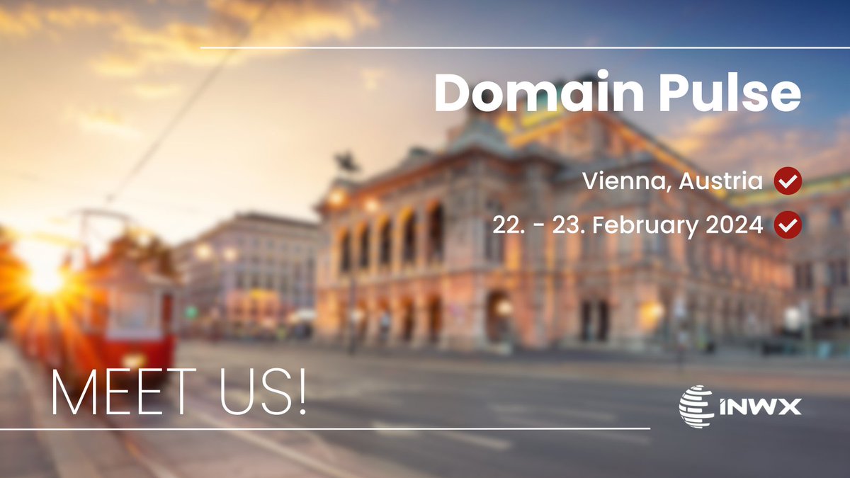 INWX's tweet image. 🌐 Vom 22. bis 23. Februar sind wir bei der Domain Pulse in Wien dabei! Wir freuen uns riesig auf spannende Tage. Wenn ihr auch vor Ort seid, meldet euch bei uns – wir können es kaum erwarten, euch zu treffen! 🤝🌍

#DomainPulse #Wien #Domains #INWX #MeetUp #INWXontour