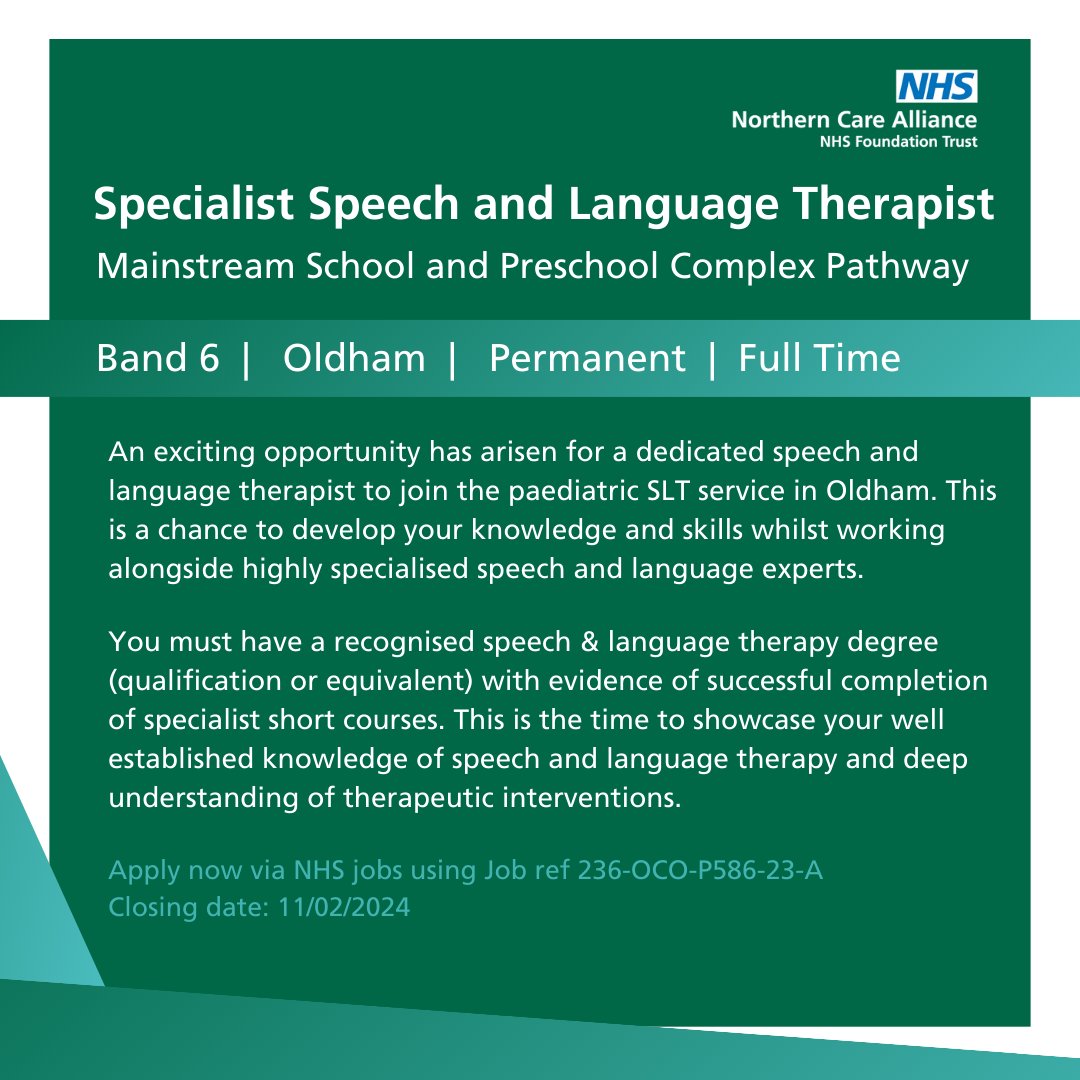 <a href="/OldhamCO_NHS/">Oldham Care Organisation</a> 🗣️Check out our Band 6 Specialist Speech and Language Therapist role