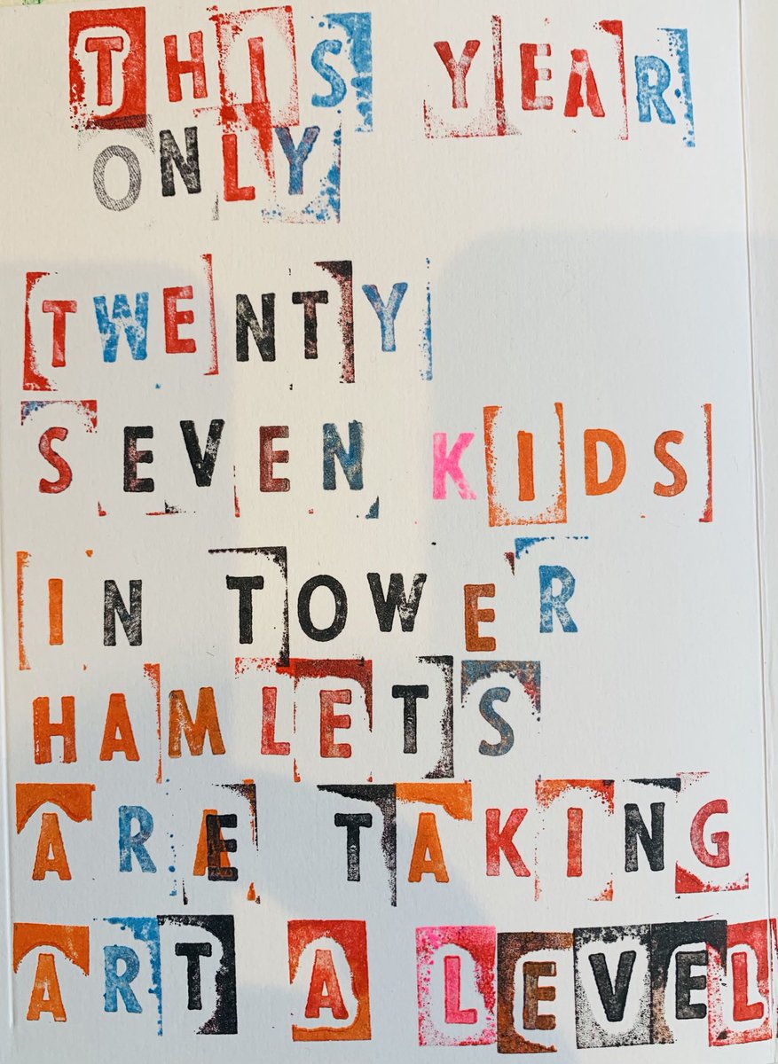 In a workshop in Tower Hamlets. One teacher told me only twenty seven children in Tower Hamlets are taking Art A level this year. I have also heard 47% fewer kids now take GCSE art than in 2010. Small number? ⁦<a href="/BBCMoreOrLess/">BBC More or Less</a>⁩ ⁦<a href="/branwenjeffreys/">branwen jeffreys</a>⁩