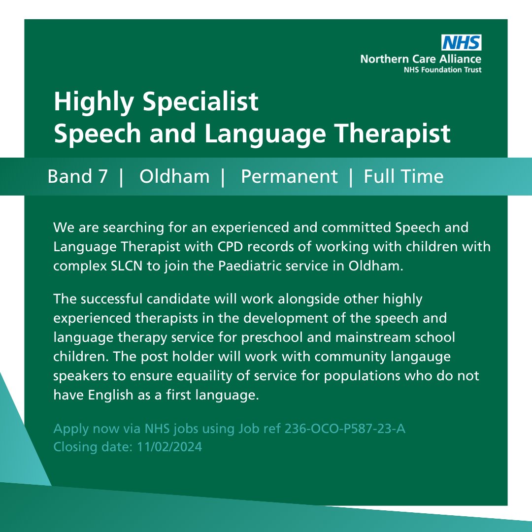 <a href="/OldhamCO_NHS/">Oldham Care Organisation</a> 🗣️Check out our band 7 Highly Specialist Speech and Language Therapist role