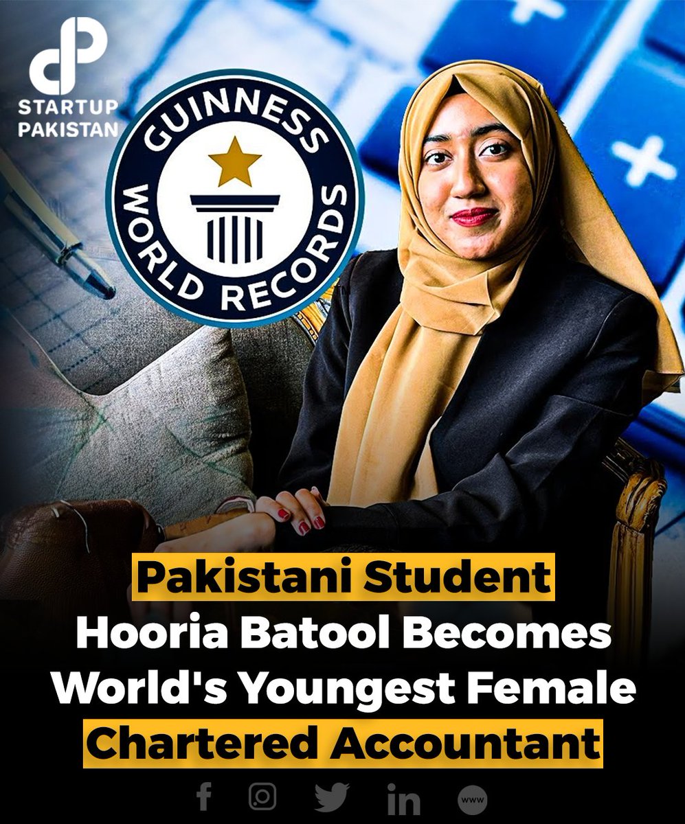 PakStartup's tweet photo. A Pakistani student named Hooria Batool has made history by becoming the world's youngest Chartered Accountant (CA) at the age of 19. This remarkable achievement has secured her a place in the Guinness World Records

#CA #success #milestone #globally #youngest #accomplishment https://t.co/Srtm31MdLN
