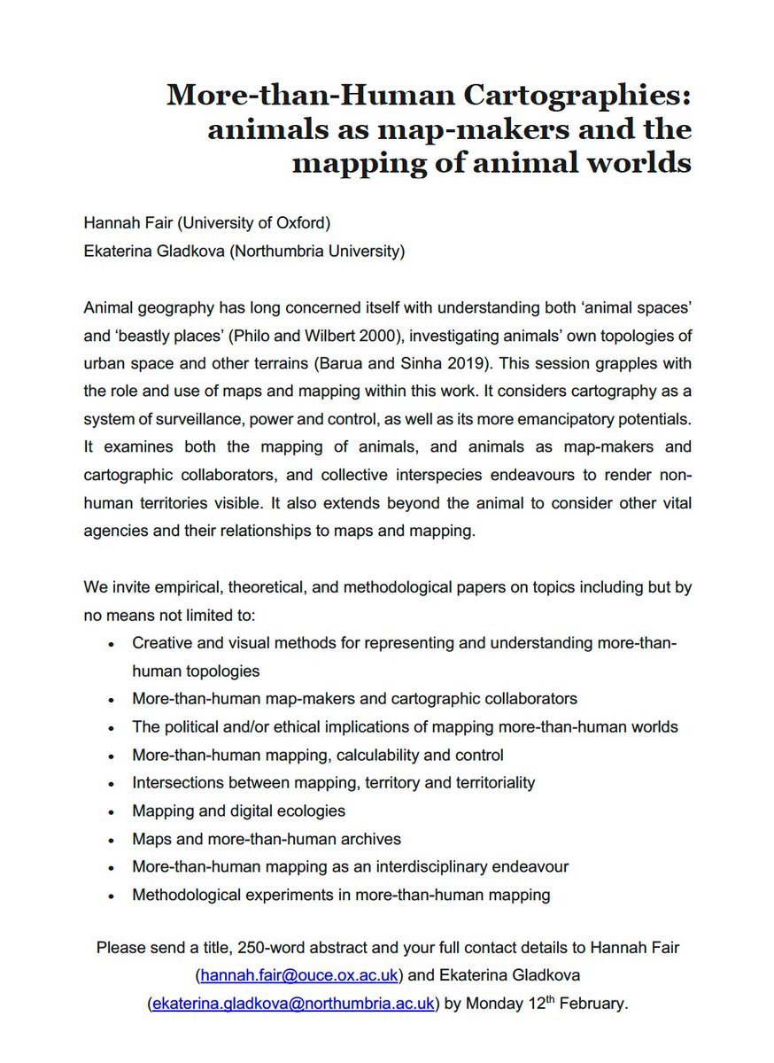 Fascinating Call for Papers for the <a href="/RGS_IBG/">Royal Geographical Society (with IBG)</a> <a href="/RGS_IBGhe/">RGS-IBG Higher Ed</a> Annual Conference 2024 in London: "More-than-human Cartographies: Animals as map-makers and the mapping of animal worlds," organised by Hannah Fair and Ekaterina Gladkova 🐾🗺️