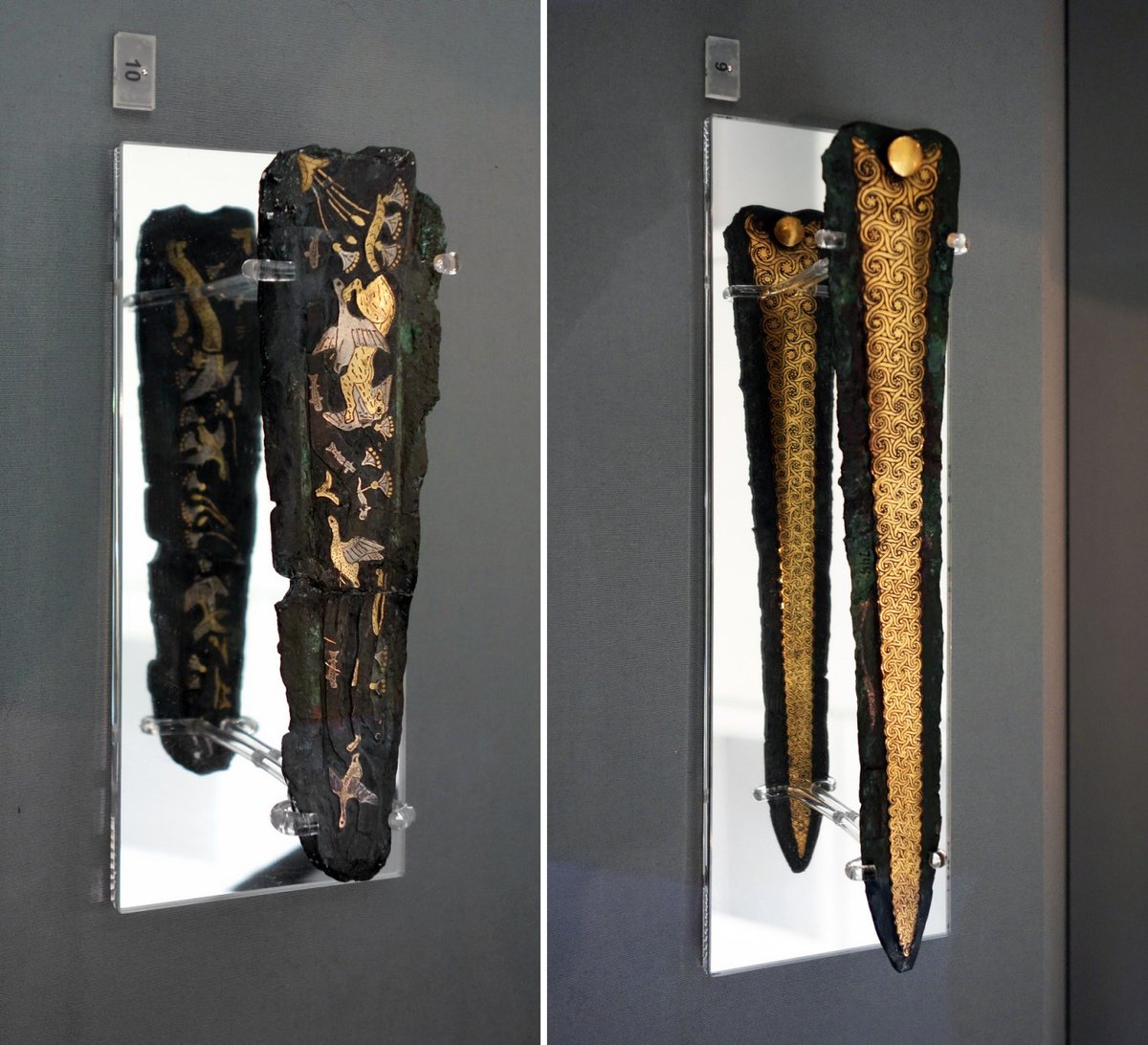 Dagger blades from Grave Circle A at Mycenae, c. 1600-1100 BC. Both made of bronze, the first is inlaid with gold and niello, and the second has been inlaid with gold, silver and niello.Artefacts courtesy of the National Archaeological Museum, Athens. Photos taken by Steven…