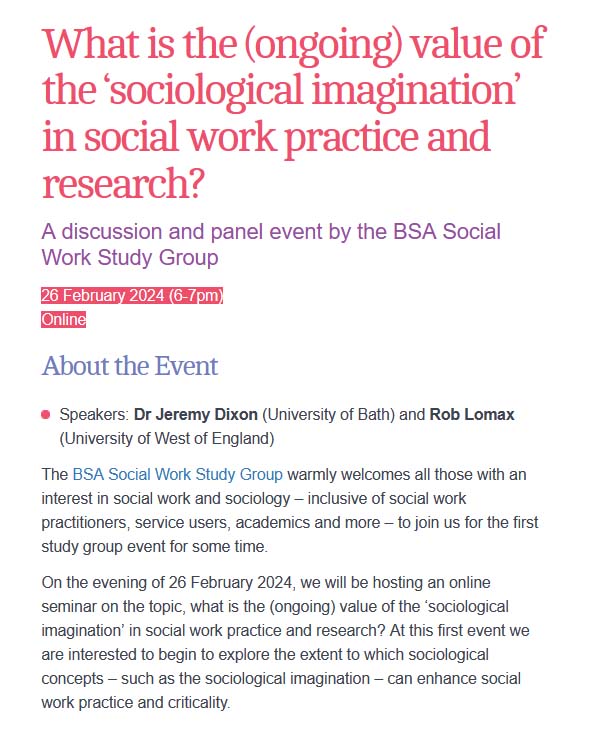Book now for ‘What is the (ongoing) value of the sociological imagination in social work practice and research?’ a free online event by @WorkBsa 26 February tinyurl.com/f99yf9rs #Sociology