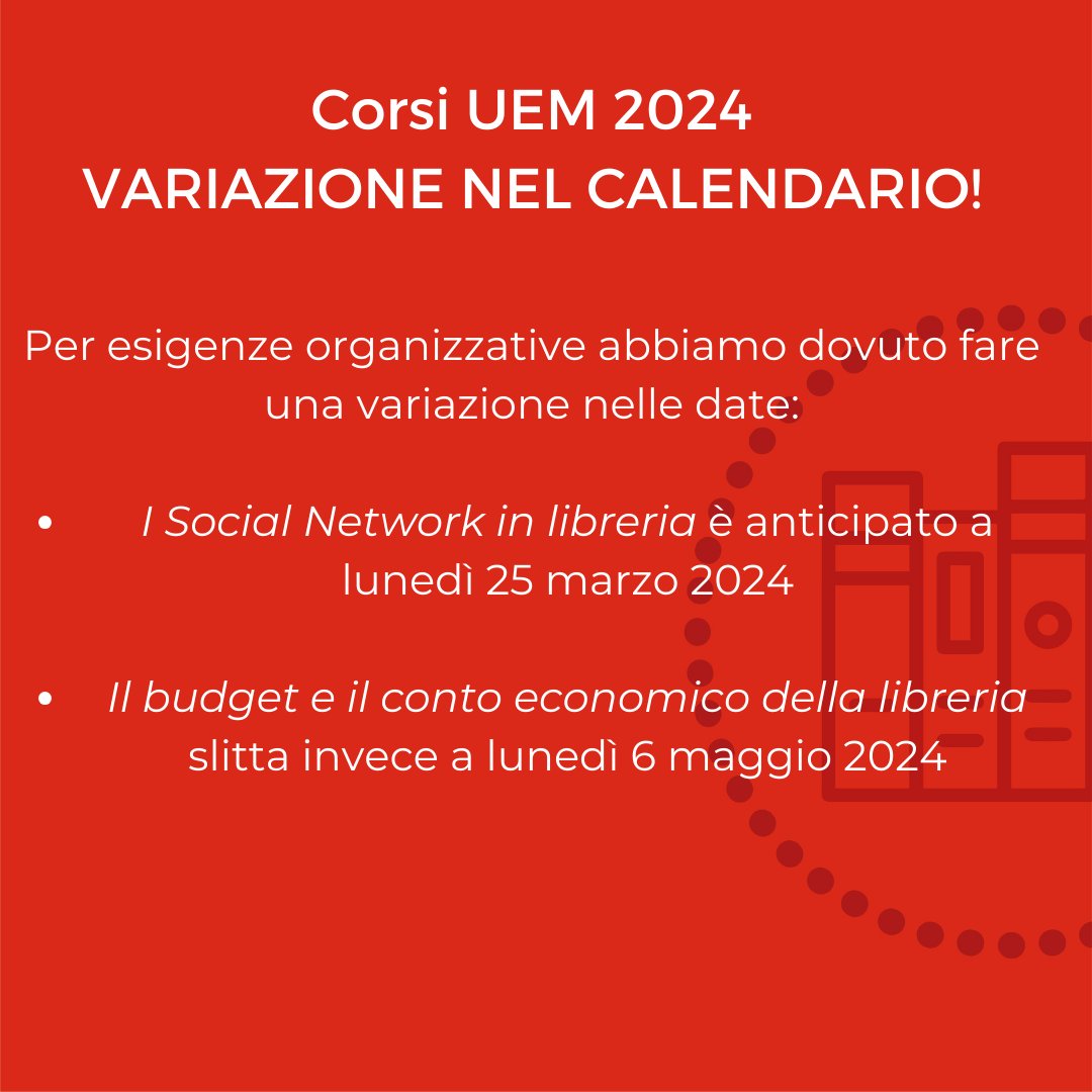 #ScuolaLibraiUEM
#CorsiUEM
Abbiamo fatto una piccola modifica, ma il lunedì rimane la giornata perfetta per imparare qualcosa sul mestiere preferito.
Le iscrizioni sono aperte e per qualsiasi informazione scriveteci scuola@fondazionemauri.it
#formazione #librai #librerie #libri