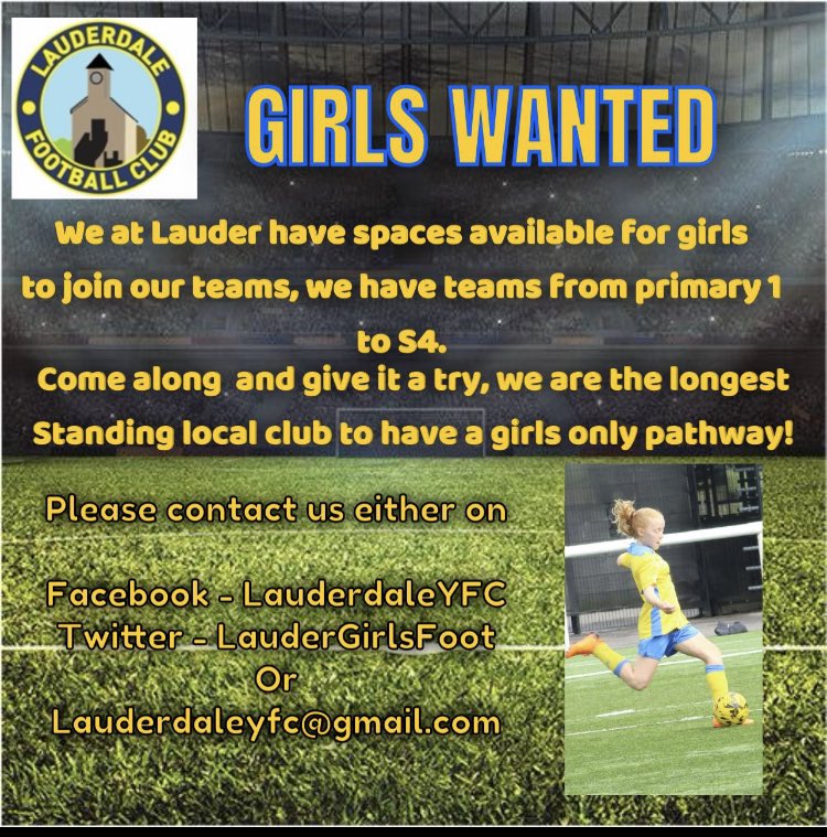 Currently we have space for a couple of players in our U14 squad (born in 2012/2011/2010) Also looking for girls for our U12 team (2012/2013/2014) We don’t carry big squads so girls joining will get plenty of game time Email lauderdaleyfc@gmail.com for more information