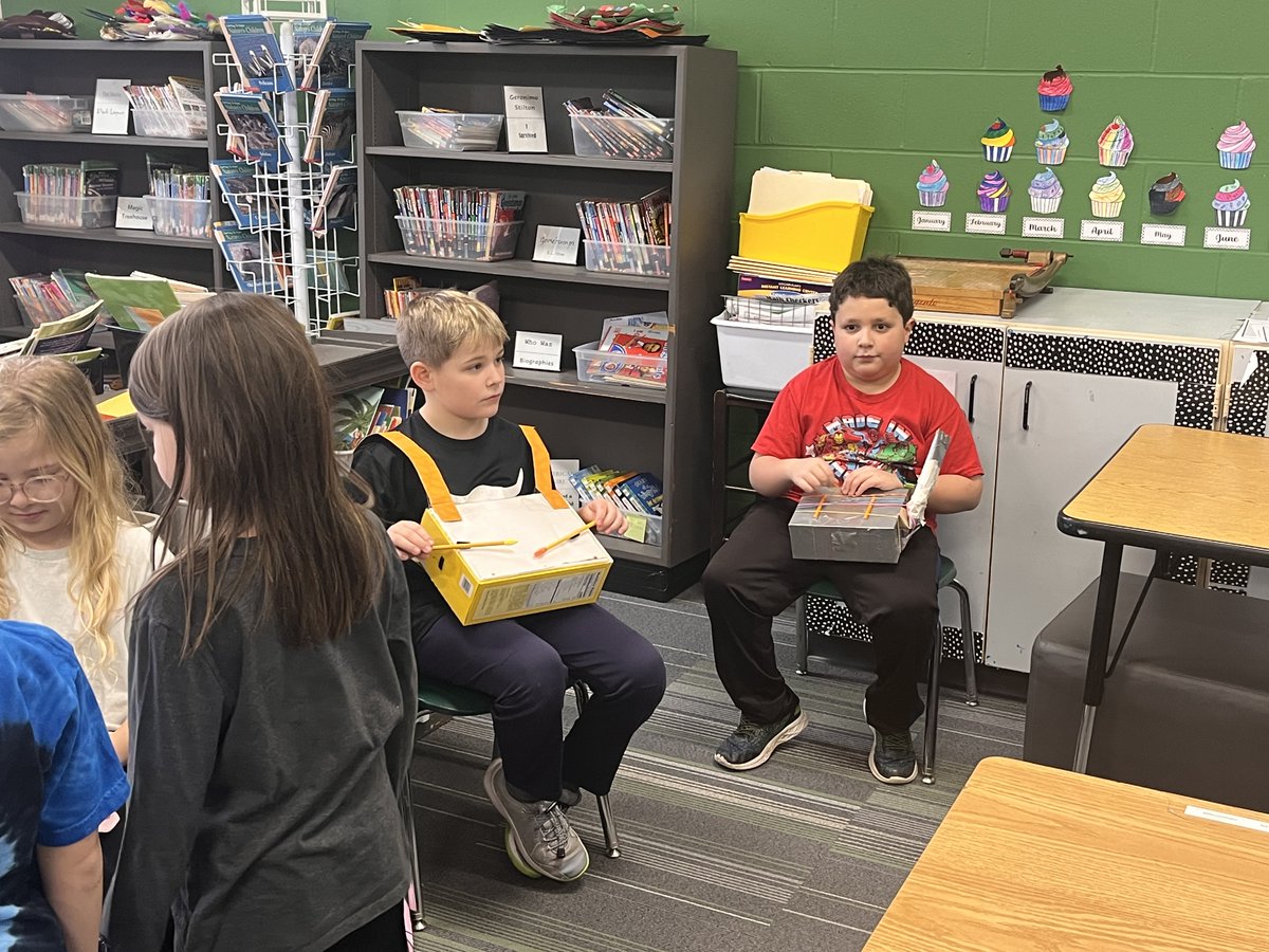 ElementaryPI's tweet photo. On Friday afternoon third grade students displayed their instruments they made as part of their most recent ELA unit on Light and Sound. https://t.co/UQVKJyLclm