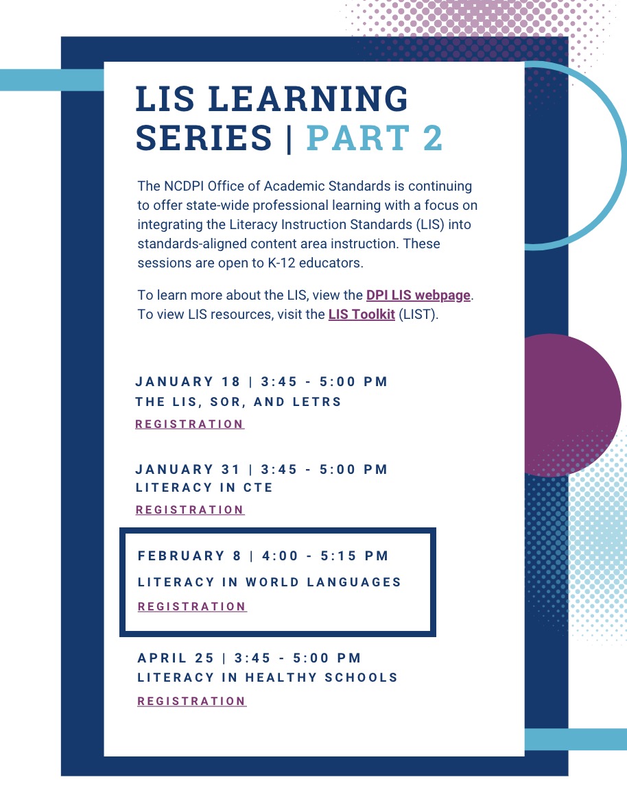LIS LEARNING SERIES, PART 2 #NC #educators, be sure to register for the next session in this series! We're excited to co-facilitate this session with @annmariegunter as we discuss #literacy in World Languages. Interested? Register here: canva.com/design/DAFjL8d… @NCDPI_DLITeam