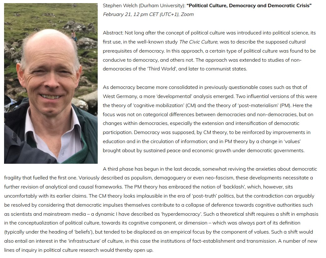 ECPR SG Political Culture (@ecpr_polculture) on Twitter photo 📢 Upcoming talk in our #PoliticalCulture Lecture Series
Stephen Welch (<a href="/durham_uni/">Durham University</a>): "Political Culture, Democracy and Democratic Crisis"
📅 Feb 21
⏰ 12 pm CET (UTC+1), Zoom
More info & registration: ecpr.eu/news/news/deta… 📢 Upcoming talk in our #PoliticalCulture Lecture Series
Stephen Welch (<a href="/durham_uni/">Durham University</a>): "Political Culture, Democracy and Democratic Crisis"
📅 Feb 21
⏰ 12 pm CET (UTC+1), Zoom
More info & registration: ecpr.eu/news/news/deta…