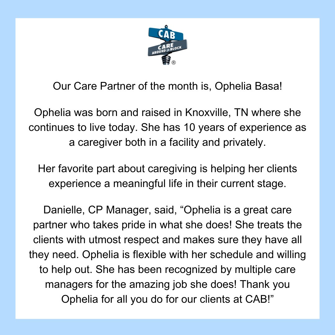 Caring4urblock's tweet photo. Our Care Partner of the month for February is 💞Ophelia Basa💞! Thank you for all you for our CAB clients. 

#SeniorCare #Caregiver #SeniorCaregiver https://t.co/EbeSQhlIkZ