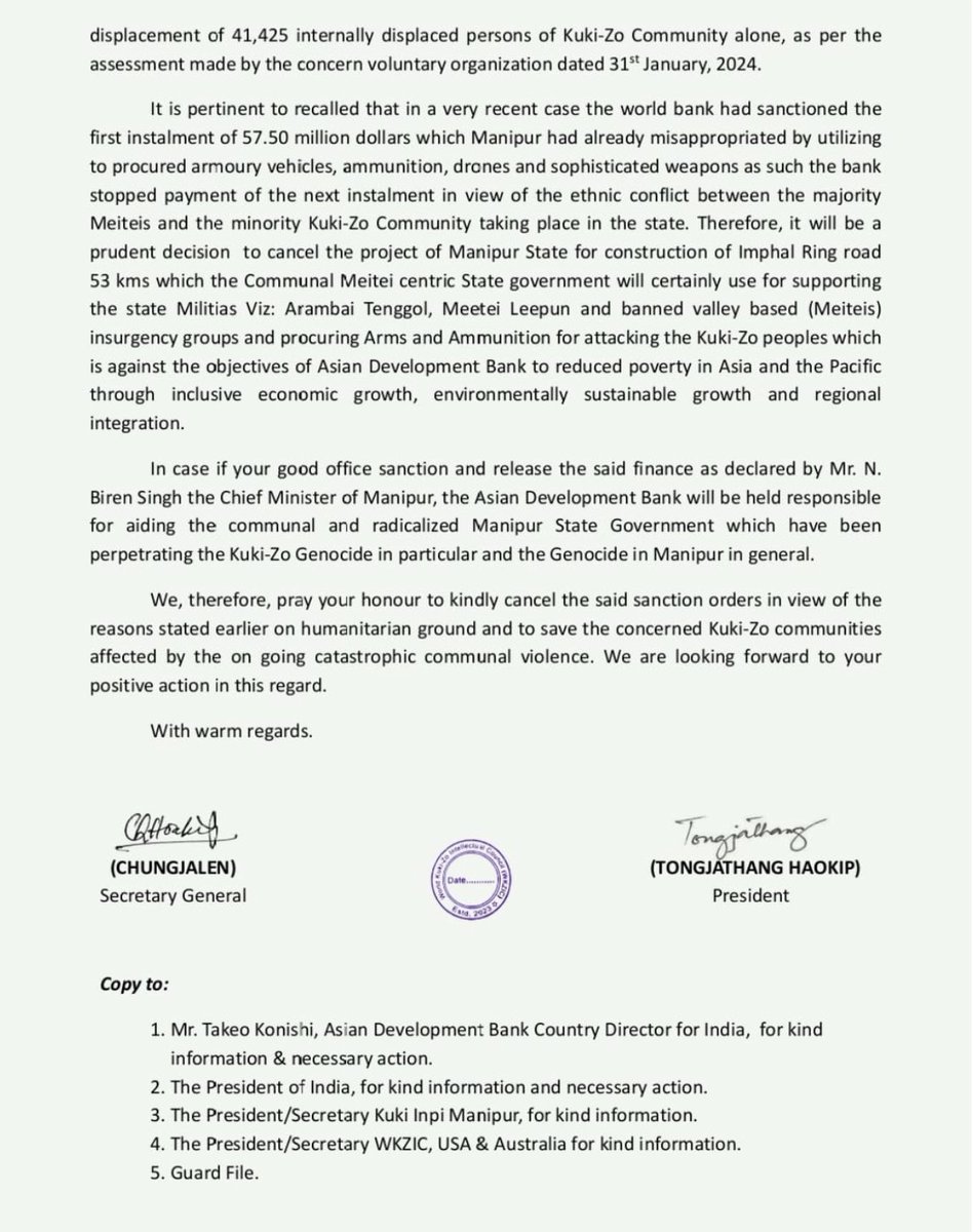 Dear <a href="/HMOIndia/">गृहमंत्री कार्यालय, HMO India</a> <a href="/PMOIndia/">PMO India</a> <a href="/NBirenSingh/">N. Biren Singh</a> <a href="/manipur_police/">Manipur Police</a>,

The World Kuki-Zo Intellectual Council must be outlawed and their leaders charged for sedition. On 30th August, 2023 the WKZIC had written a letter to the German Chancellor to help them in the creation of a country by