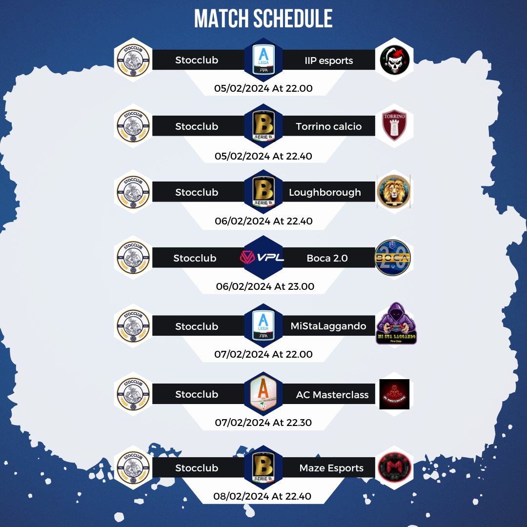 Stocclub Esports (@stocclubesports) on Twitter photo ecco i match di questa settimana! 🔱FORZA STOCCLUB📷
<a href="/FVPA_net/">FVPA.net 🇮🇹</a>
<a href="/VPGItaly/">VPG Italy 🇮🇹</a>
<a href="/VPLItaly/">VPL Italy 🇮🇹</a>
@BTWNenSports ecco i match di questa settimana! 🔱FORZA STOCCLUB📷
<a href="/FVPA_net/">FVPA.net 🇮🇹</a>
<a href="/VPGItaly/">VPG Italy 🇮🇹</a>
<a href="/VPLItaly/">VPL Italy 🇮🇹</a>
@BTWNenSports