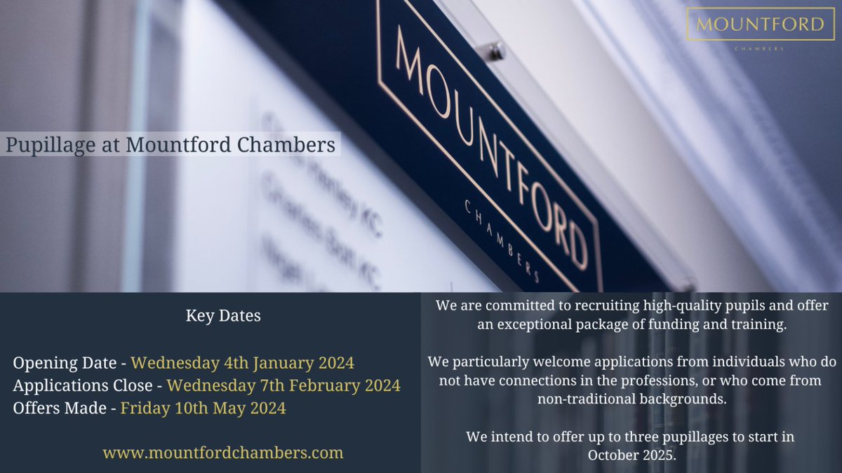 Mountford Chambers (@mountforduk) on Twitter photo The deadline for #Pupillage applications is tomorrow, Wednesday 7th February 2024 at 11:59(pm).
To apply for pupillage at Mountford Chambers, please complete the Application form & the Equality and Diversity form, which can be found on our Pupillage page.
mountfordchambers.com/recruitment/pu… The deadline for #Pupillage applications is tomorrow, Wednesday 7th February 2024 at 11:59(pm).
To apply for pupillage at Mountford Chambers, please complete the Application form & the Equality and Diversity form, which can be found on our Pupillage page.
mountfordchambers.com/recruitment/pu…