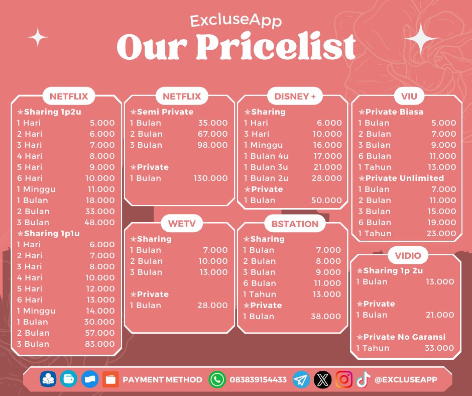 ExcluseApp's tweet image. Hello dear, sekarang「 ✦ 𝐄𝐱𝐜𝐥𝐮𝐬𝐞𝐀𝐩𝐩 ✦ 」sudah open order dari X nii.(❀❛ ֊ ❛„)♡
Ini dia pricelist yang「 ✦ 𝐄𝐱𝐜𝐥𝐮𝐬𝐞𝐀𝐩𝐩 ✦ 」sediakan buat kamu warga X. Untuk order kalian bisa dm atau chat ke sini ya
🛍️bit.ly/Chat-ExcluseApp
#zonauang #ZonaBA #zonajajan