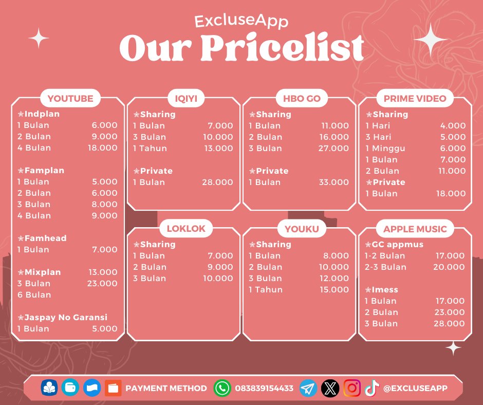 ExcluseApp's tweet image. Hello dear, sekarang「 ✦ 𝐄𝐱𝐜𝐥𝐮𝐬𝐞𝐀𝐩𝐩 ✦ 」sudah open order dari X nii.(❀❛ ֊ ❛„)♡
Ini dia pricelist yang「 ✦ 𝐄𝐱𝐜𝐥𝐮𝐬𝐞𝐀𝐩𝐩 ✦ 」sediakan buat kamu warga X. Untuk order kalian bisa dm atau chat ke sini ya
🛍️bit.ly/Chat-ExcluseApp
#zonauang #ZonaBA #zonajajan